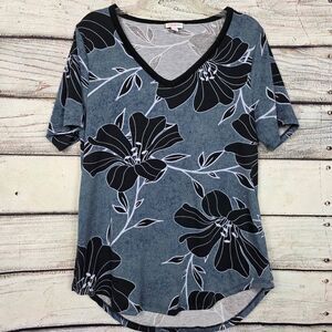 LuLaRoe Classic Tee M Gray Black Floral Hi Low Top